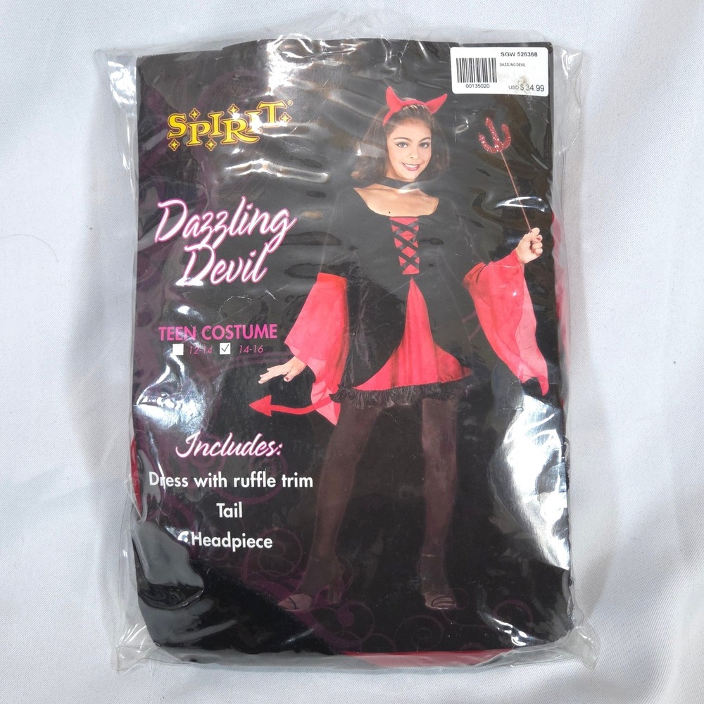 Spirit Dazzling Devil Teen Costume Dress 14-16 Tail Headpiece Black Halloween